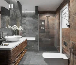 Bathroom design in gray tones with wood