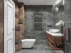 Bathroom design in gray tones with wood