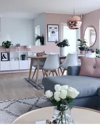 Color combination gray and pink in the kitchen interior