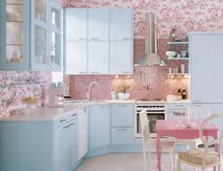 Pink gray kitchen in the interior photo