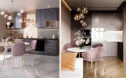 Pink gray kitchen in the interior photo