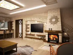 Photo kitchen living room with fireplace