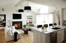 Photo kitchen living room with fireplace