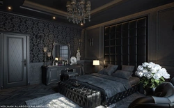 Інтэр'ер спальні з цёмнымі шпалерамі