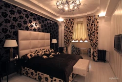 Bedroom interior with dark wallpaper