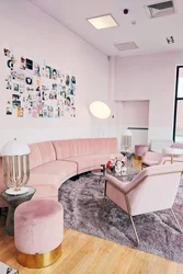 Living room design with pink sofa