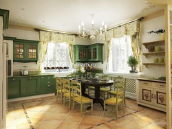 Оливковые шторы в интерьере кухни