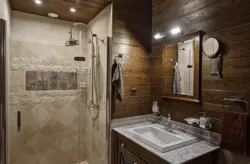 Bathtub in a wooden house with shower design