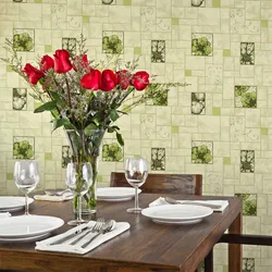 Adhesive wallpaper on the wall in the kitchen photo