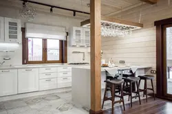White Kitchen In A Wooden House In The Interior