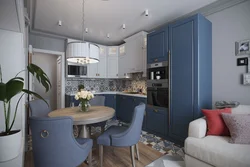 Gray blue interior kitchen living room