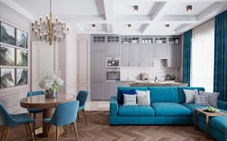 Gray Blue Interior Kitchen Living Room