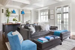 Gray blue interior kitchen living room
