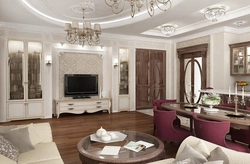 Living room interior with dark furniture in classic style