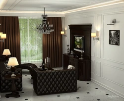 Living room interior with dark furniture in classic style