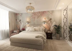 Bedroom interior with photo wallpaper feathers