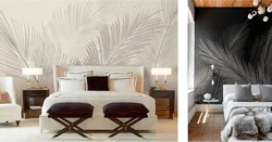 Bedroom interior with photo wallpaper feathers