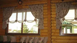 Curtains In The Kitchen In A Wooden House Photo