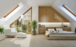 Дизайн Мансарды С Двускатной Крышей Спальня Фото