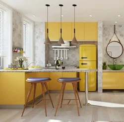 Желтые обои на кухне в интерьере фото