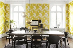 Yellow wallpaper in the kitchen in the interior photo