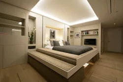 Podium bed in the bedroom interior