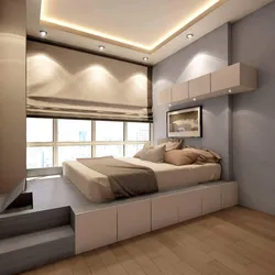 Podium bed in the bedroom interior