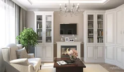 Wardrobes in the living room interior in light colors