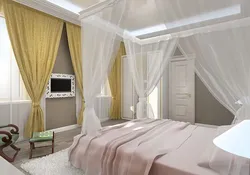 Дызайн вялікай спальні з двума вокнамі