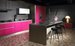 Combination of gray and pink colors in the kitchen interior