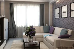 Narrow living room design with corner sofa