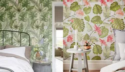 Wallpaper with leaves in the bedroom interior