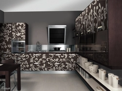 Kitchen interior with dark wallpaper
