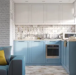 Gray blue kitchen with white photo