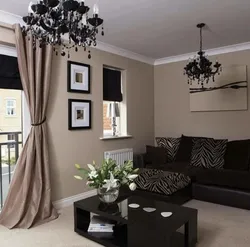 Living room interior with white and brown furniture