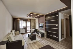 Living room interior with white and brown furniture