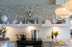 Kitchens with wallpaper and apron photo
