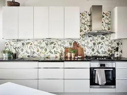 Kitchens with wallpaper and apron photo
