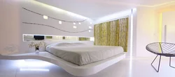 Floating bed in the bedroom interior