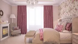 Combination of colors in the interior curtains and wallpaper in the bedroom