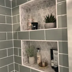 Design of shelves in the bathroom made of tiles photo
