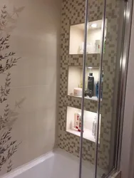 Design of shelves in the bathroom made of tiles photo