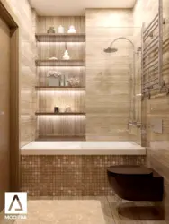 Design of shelves in the bathroom made of tiles photo