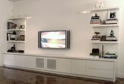 Modern shelves on the wall in the living room interior with TV