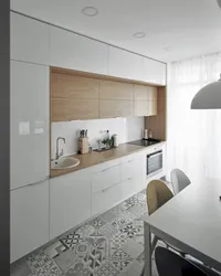 White Kitchen In The Interior With A Wooden Countertop Real Photos