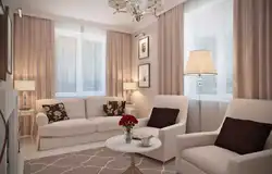 Дизайн окна гостиной с угловым диваном