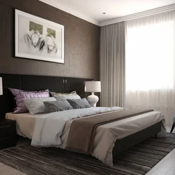 Bedroom Interior With Gray Wallpaper And Brown Furniture