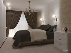 Interior of a light bedroom with dark wallpaper