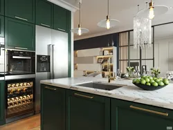 Kitchen interior design in emerald color