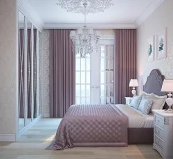 Дызайн спальні з шэрым ложкам і шэрымі шторамі